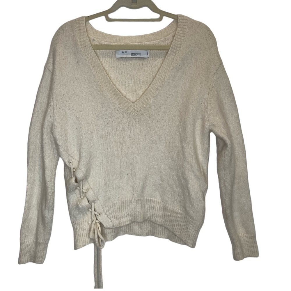 IRO Alpaca Wool Blend V-Neck Cross Tie Sweater White Size Small
